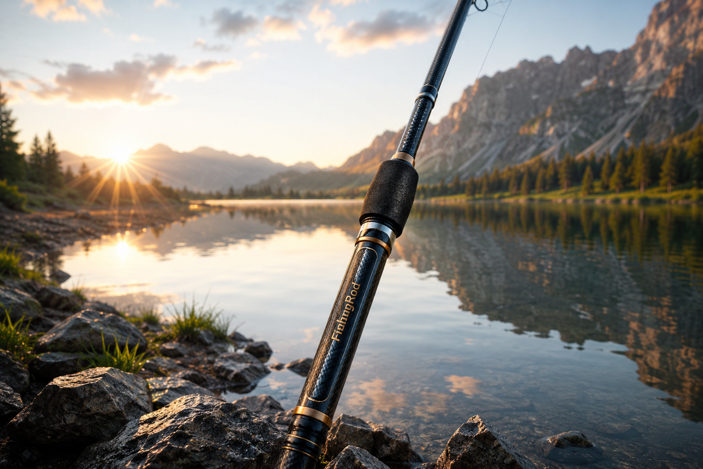 Luxury Golden Spinning Fishing Rod – FishingRod Logo, Ocean Sunrise Splash