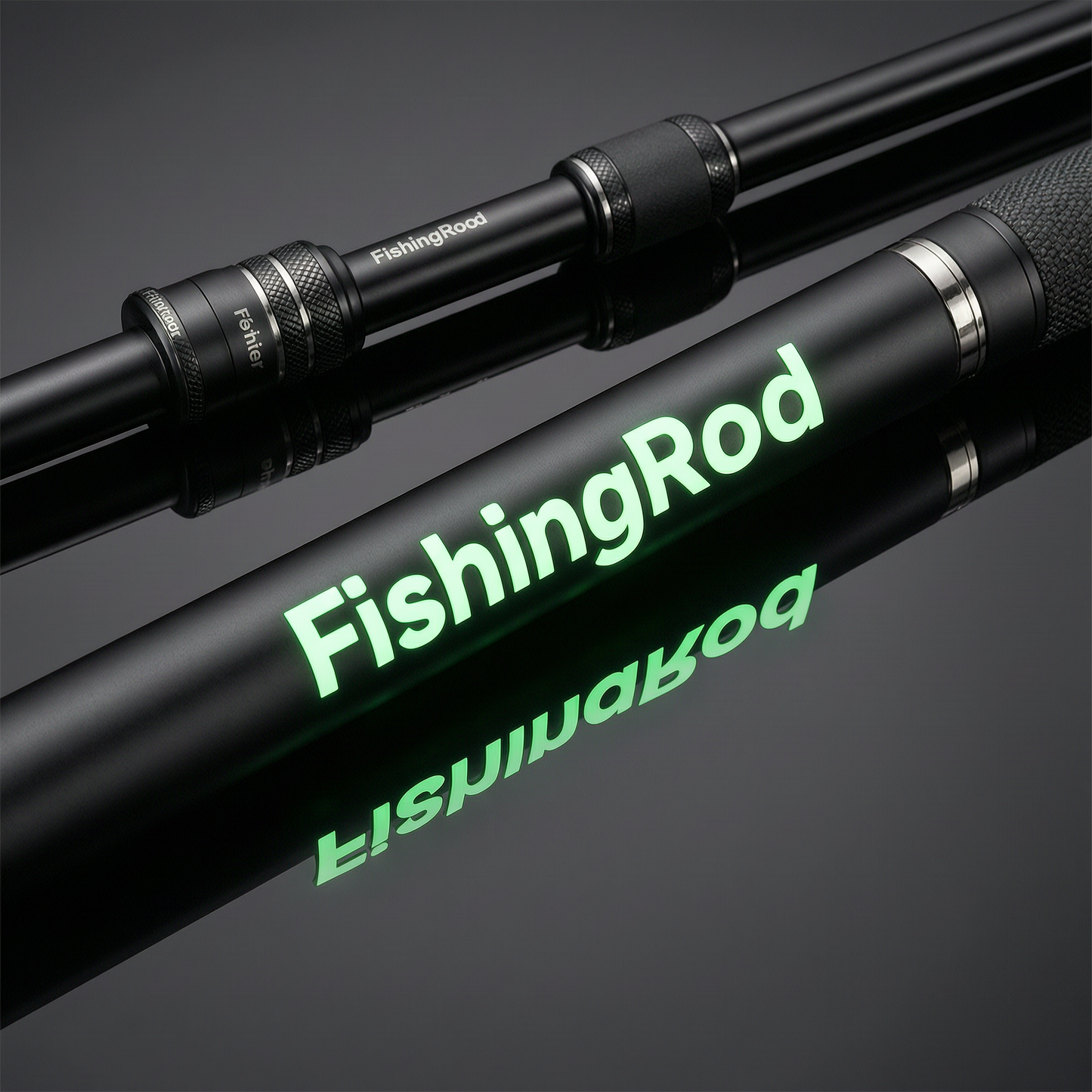 Matte Black Fishing Rod – Glowing FishingRod Branding, Studio Macro Shot