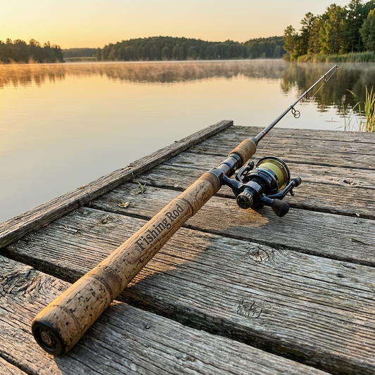 Vintage Fishing Rod – FishingRod Engraved, Rustic Dock Sunset Scene