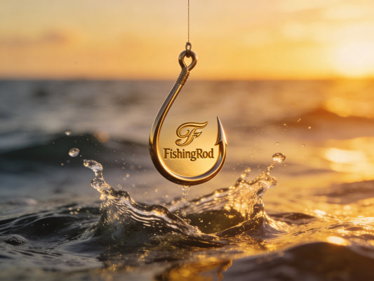 Luxury Golden Fishing Hook – FishingRod Logo, Ocean Sunrise Shot